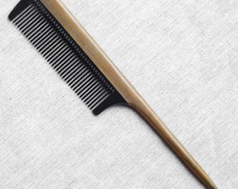 Handmade Buffalo Horn & Green Sandalwood Fine Tooth Rat Tail Comb - Personalized Gift