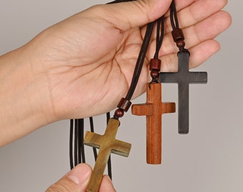 Personalized Sandalwood Cross Pendant Necklace , Handmade Wooden Cross Men Dad Boyfriend Women  Baptism Christian Bible Verse Easter Gift