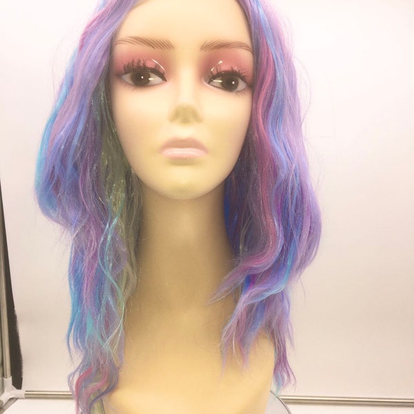 Long Curly Hair Full Wigs Cosplay Party Wig (Purple Blue)