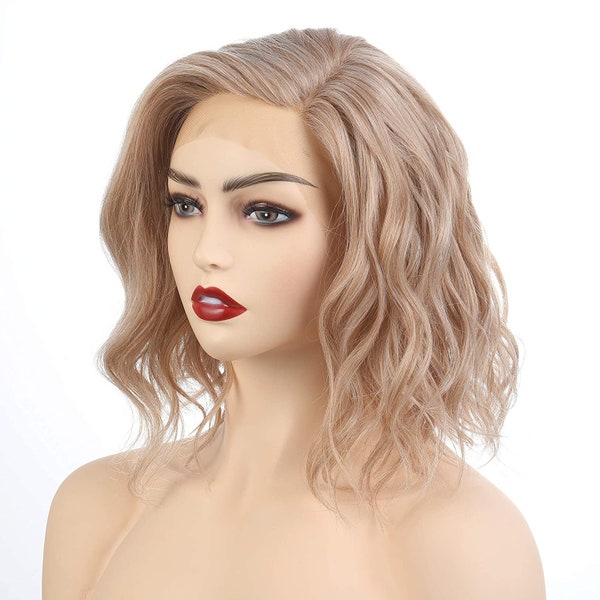 Side Part Lace Front Short Wavy Hair Bob Wigs for Women (Medium Blonde & Platinum Blonde Blended)