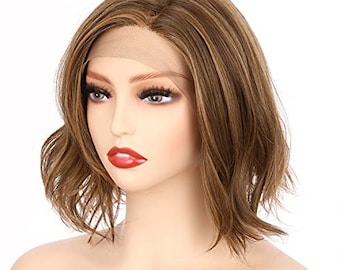 10 Inch Side Part Lace Front Short Wavy Hair Bob Wigs for Women (Light Brown Evenly Blended with Dark Natural Blonde)