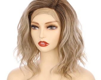 Side Part Lace Front Short Wavy Hair Bob Wigs for Women (Light Ash Blonde Evenly Blended with Cool Platinum Blonde and Dark Roots)