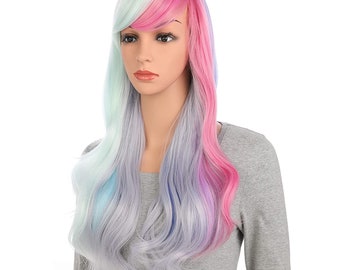 Long Curly Multi-Color ColorfulHair Full Wigs - Charming Lolita Cosplay Party Wig (Blue Purple Pink）