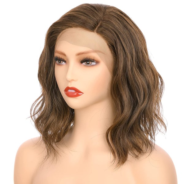 Side Part Lace Front Short Wavy Hair Bob Wigs for Women  (Medium Brown Evenly Blended with Warm Medium Brown)