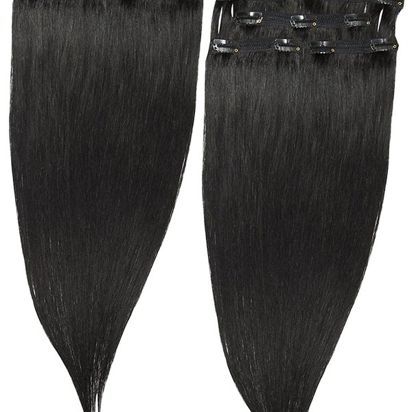 20" Long Straight Lace Weft Clip in Remy Human Hair Extensions 4 Pieces Wefts Total 140g in 2 Packs (Twin Pack 1B-Natural Black)