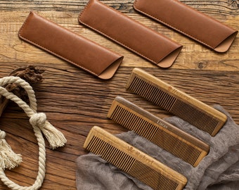 Personalized Green Sandalwood Comb, Pocket Comb with Leather Travel Case, Engraved Words & Icon, For Mens Hair, Beard, and Mustache Styling