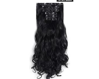 20" Curly Clip in Hair Extensions - Full Head 7 pcs Synthetic Hair Pieces (1B- Off Black)