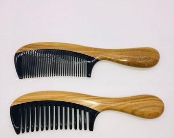 Handmade Buffalo Horn & Green Sandalwood Hair Comb ,Anti-Static Natural Hair Detangler Wooden Comb, Personalized Gift( Wide and Fine Tooth )