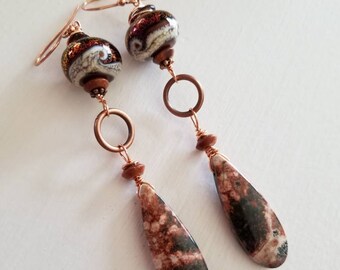 southwest burgundy and garnet earrings, handcrafted glass .ampwork beads, jasper earrings, dangle earrings, perfect gift, gift for her