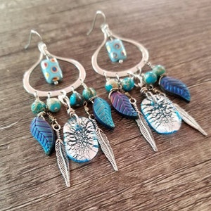 feather earrings,boho earrings,foil glass earrings, chandelier earrings, jasper earrings,perfect gift, anniversary gift,birthday gift