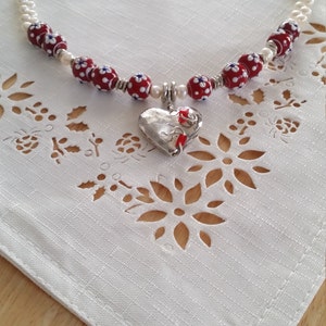 cultured pearl choker necklace, silver plated puffy heart necklace, red flower lamp work glass bead necklace,garden necklace
