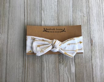 Arrow Top Knot Headband, Gold Arrows, Stretchy Headband, Adjustable Headband, Baby Head Wrap, Neutral Headband, Adult, Toddler,Headache Free