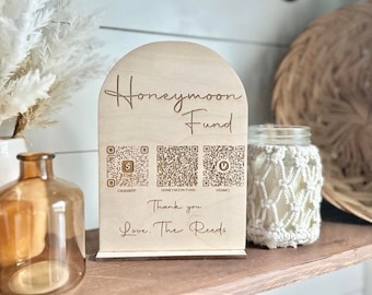 Honeymoon Fund - Custom Engraved Sign with Couples Honeymoon Fund QR Code - QR code honeymoon Fund Sign for Wedding - Bridal Shower