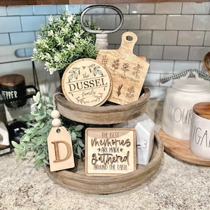 Kitchen Tiered Tray Decor - Last name family signs - Family Tiered Trays - The best memories are gathered around the table - Kitchen Decor