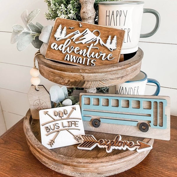 Adventure Awaits Tiered Tray - Traveling Themed Signs - Traveling Tiered Tray - Bus Life Signs - Wanderlust Signs - Explorer Signs - Skoolie