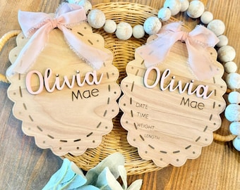 Personalized Baby Girl Name Announcement | Wooden Scalloped Hospital Keepsake with bow