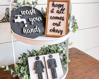 Bathroom Tiered Tray Set - Mini Bathroom Tiered Tray Set - Wash your hands Farmhouse Sign - Hope it all comes out okay - Boy|Girl Restroom