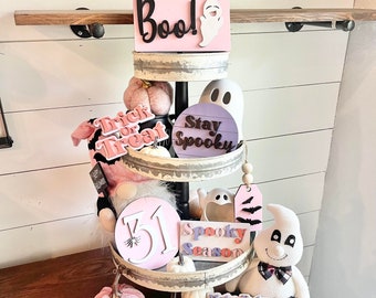 Pink Halloween Tiered Tray Decor - Pink Halloween Tiered Tray Bundle - Pastel Halloween Signs - Pastel Halloween Decor - Girly Halloween