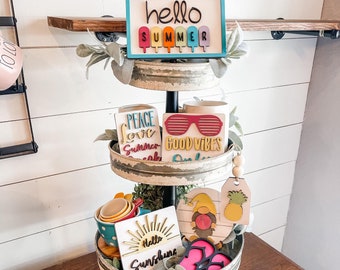 Hello Summer Tiered Tray - Summer Themed Tiered Tray - Summer Break Tiered Tray - Summer Tiered Tray Signs - Hello Sunshine Tiered Tray