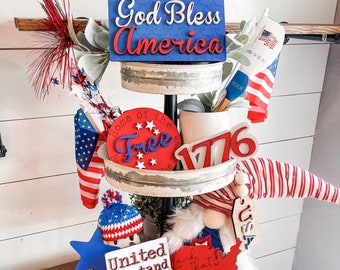 God Bless America Tiered Tray Set - Patriotic Tiered Tray Signs - Patriotic Décor - 4th of July Decor - 4th of July Tiered Tray - Patriotic