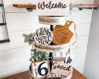 Family Tiered Tray Signs: Laser Cut Religious Quotes Decor