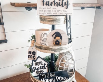 Family Farmhouse Tiered Tray Bundle - Family Home Sweet Home Tiered Tray Decor - Farmhouse Tiered Tray Decor - Black and White Farmhouse