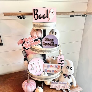 Pink Halloween Tiered Tray Decor - Pink Halloween Tiered Tray Bundle - Pastel Halloween Signs - Pastel Halloween Decor - Girly Halloween