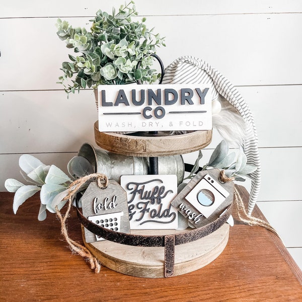 Laundry Tiered Tray Signs - Laundry Co Signs - Laundry Room Tiered Tray - Wash Fold Tags - Fluff and Fold Sign - Farmhouse Laundry Room