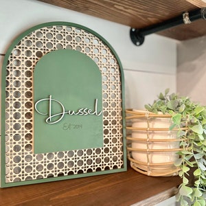 Rattan last name shelf sign - Rattan wall decor - Personalized Boho Shelf Signs - Sage Green Signs - Rattan Signs - Boho Decor - Bohoemian