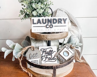 Laundry Tiered Tray Signs - Laundry Co Signs - Laundry Room Tiered Tray - Wash Fold Tags - Fluff and Fold Sign - Farmhouse Laundry Room