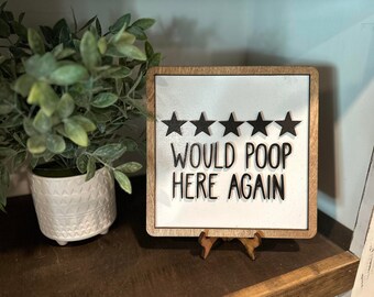 Funny Bathroom Sign: 5-Star Wood Framed Restroom Decor