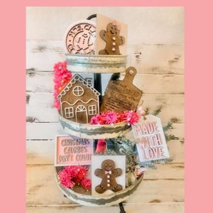 Gingerbread Tiered Tray Decor - Christmas Pink Gingerbread Tiered Tray Signs - 3D Tiered Tray Christmas Decor - Christmas Tiered Tray