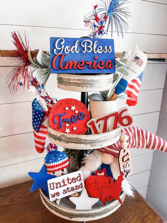 25 Pcs 4th Of July Tiered Tray Decor Set Patriotic Red White Blue Memorial Da