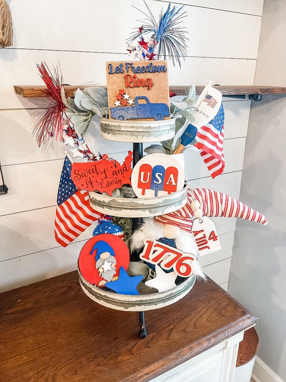 4th of July Patriotic Tiered Tray Set - USA Tiered Tray Set - America Tiered Tray Set Decor - Patriotic Decor - USA Decor - Let Freedom Ring