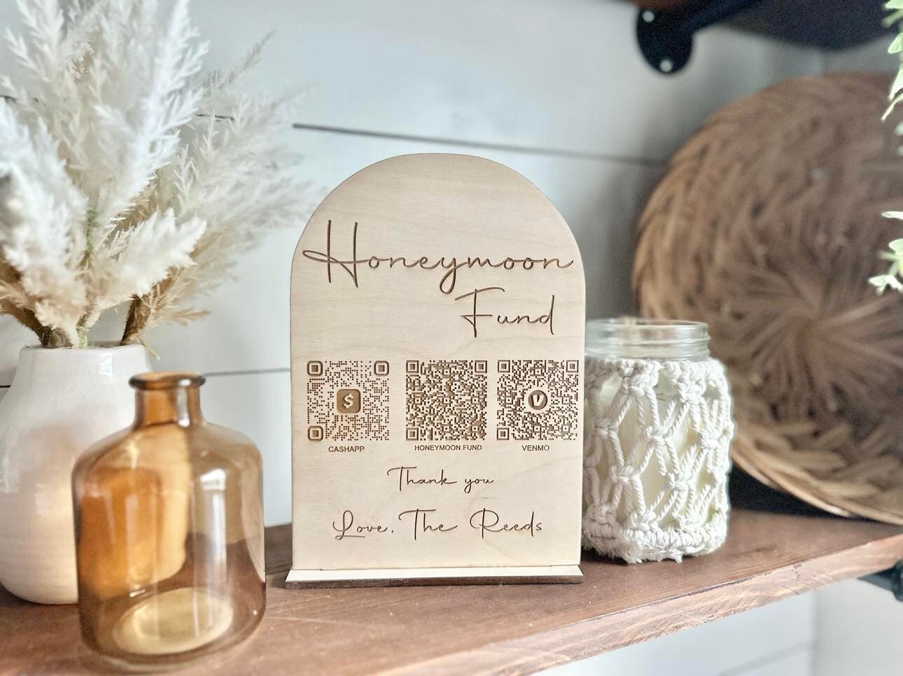 Honeymoon Fund - Custom Engraved Sign with Couples Honeymoon Fund QR Code - QR code honeymoon Fund Sign for Wedding - Bridal Shower