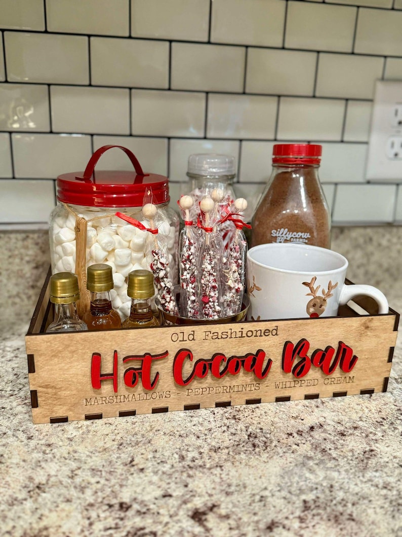 Hot Cocoa Bar Tray shown with treats and decor for example set up by Walnut+ Birch. *Treats and decor NOT included*