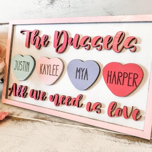 All we need is love - Family Valentines Name Sign - Personalized Valentines Family Sign - Last Name Valentines Family Members - Heart Names