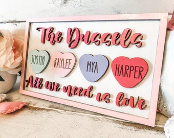 All we need is love - Family Valentines Name Sign - Personalized Valentines Family Sign - Last Name Valentines Family Members - Heart Names
