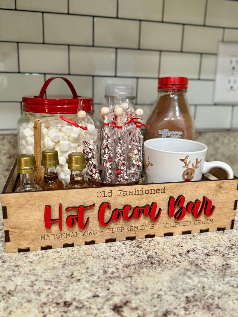 Hot Cocoa Bar Tray shown with treats and decor for example set up by Walnut+ Birch. *Treats and decor NOT included*