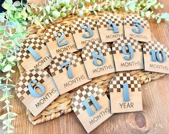 Monthly Milestone Cards for Baby Photos | Checkerboard Engraved Monthly Milestone Markers | Personalized Baby Boy Signs