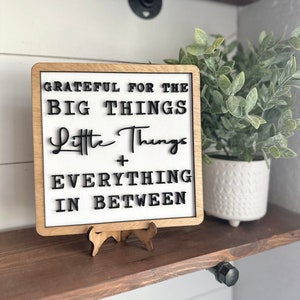 May include: Wooden sign with the text "Grateful for the Big Things, Little Things + Everything in Between". The sign is on a wooden shelf with a small potted plant.