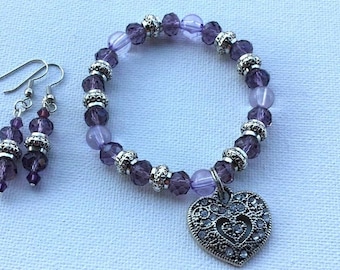 Heart Charm Stretch Bracelet, Beaded Crystal Jewelry, Amethyst Silver Gift Idea, Women's Accessory, February Birthday Daughter