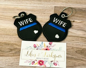 Wife thin blue line police badge keychain