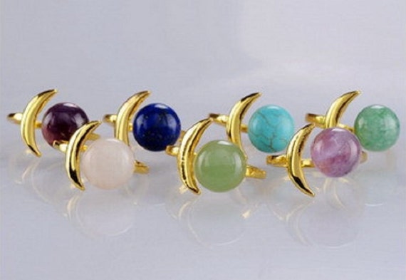 Items similar to Crescent Moon with Round Gem Stone Ring ~You pink ...