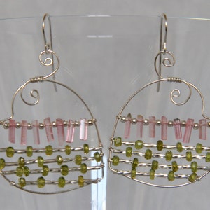 Handmade Pink Tourmaline Crystal Heart Hoop Earrings with Green Vesuvianite Idocrase - Unique Sterling Silver Wire Wrapped Gemstone Jewelry