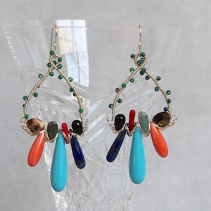 Turquoise Lapis Coral Onyx Pietersite Azurite Drop Hoop Earrings, Sterling Silver Wire Wrapped, Handmade Bead Jewelry, Bold Boho Southwest