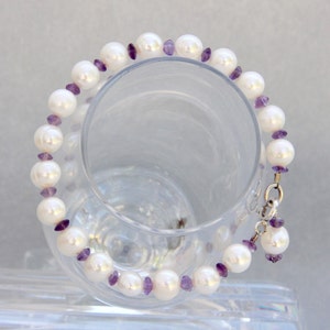 White Pearl Amethyst Bead Bracelet, Freshwater, Sterling Silver, Clasp Charm, Handmade Gemstone Beaded Jewelry, Bridesmaid, June Birthstone