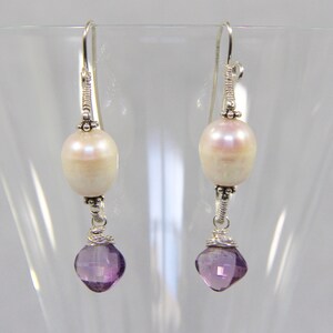 White Pearl Amethyst Dangle Drop Earrings, Sterling Silver Wire Wrap, Handmade Gemstone Beaded Jewelry, Bridal Bali February Birthstone