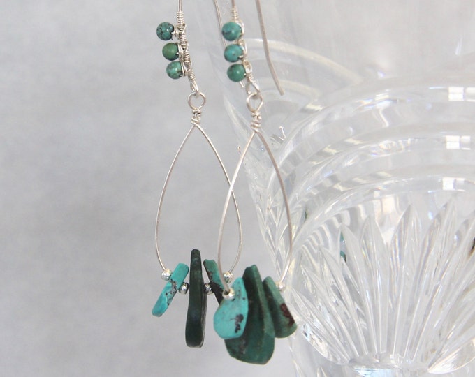 Turquoise Drop Hoop Earrings Sterling Silver Wire Wrapped - Etsy