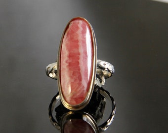 Rhodochrosite Oval Cabochon Ring, Sized to Order, Sterling Silver Bezel Set, Handmade Metalsmith Gemstone Jewelry, Long Pink Banded Streaks